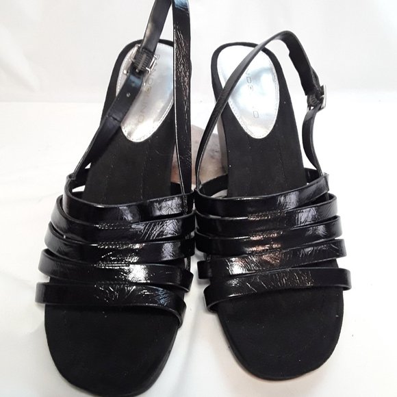 BANDOLINO Black Patent Leather Sling Back Platform Wedge Sandals SZ 8 - NWOB - Picture 3 of 5